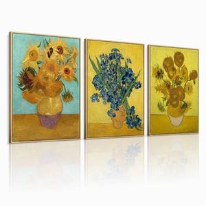 Arte Mural de Girasoles y Iridisores con Marco Dorado, Impresión en Lienzo Tríptico, Reproducción Floral Postimpressionista, Decoración de Arte Famoso de Lujo - Product Image 1
