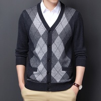 Cardigan en tricot jacquard à col en V pour homme, à boutons, manches longues, deux poches latérales, coupe classique, pour le travail, automne-hiver, pull chaud
