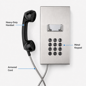 Téléphone mural pour établissement correctionnel sécurisé, boîtier en acier brossé, clavier à touches complètes - Product Image 1