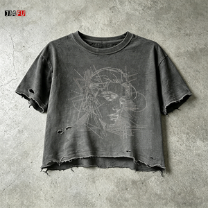Men's T-Shirts 280gsm Boxy T-shirt Oversized 100% Cotton Mock Neck Baggy Vintage Distressed <strong>Tshirts</strong> for Men Bulk Custom Logo - Product Image 1