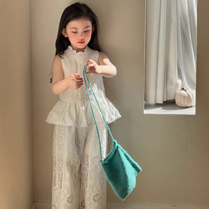 ชุดฤดูร้อนสำหรับเด็กผู้หญิง เสื้อคอตั้งผ้าฝ้ายหวี กางเกงขายาว ชุดสองชิ้นแขนกุดระบาย - Product Image 4