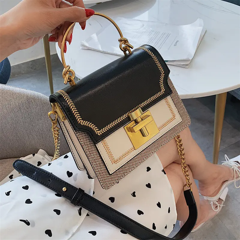 Yeni kore taşınabilir çok yönlü küçük kare moda çanta kadın zincir Messenger omuzdan askili çanta ekleme kontrast renk toka çanta