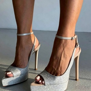 Sandali con plateau glitterati, tacco super alto, cinturino alla caviglia, punta aperta, cinturino posteriore, impermeabili, eleganti stiletti per matrimonio - Product Image 5