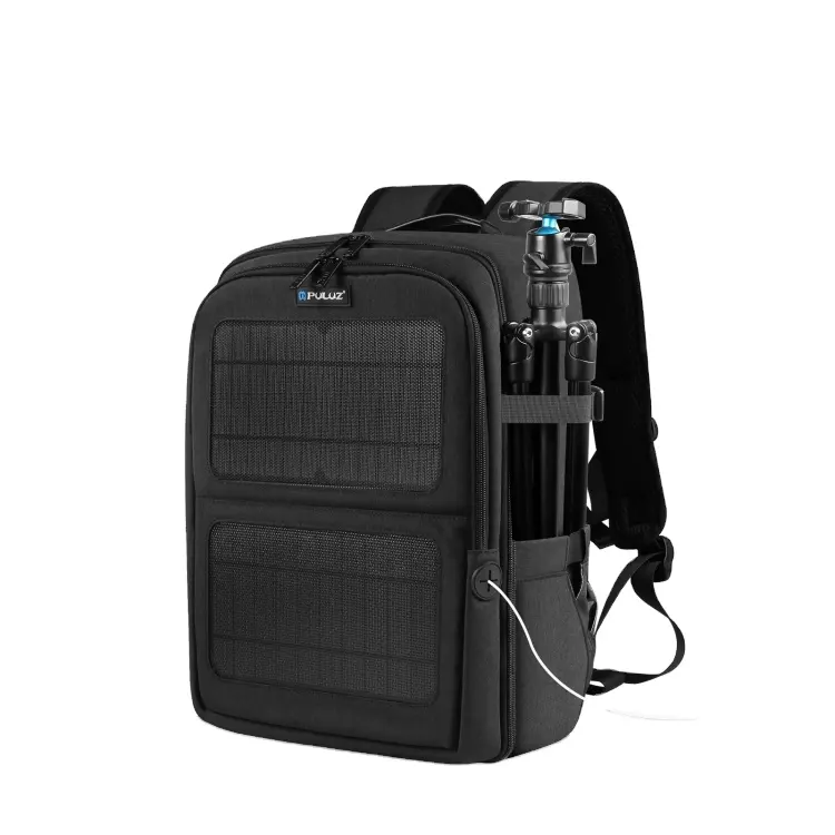 Tas Laptop ransel bahu ganda kamera portabel luar ruangan daya matahari PULUZ hitam penawaran khusus dengan pegangan nyaman