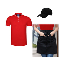 Conjunto de Uniforme de Barista de 3 Piezas con Logotipo Personalizado, Camisa Polo Roja con Cuello Mao, Delantal Negro y Gorra de Béisbol