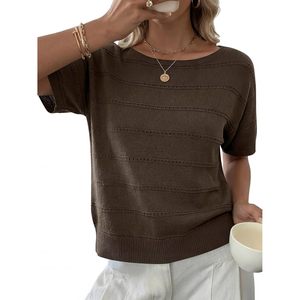 FOXA Suéter de manga corta para mujer, cuello barco de ganchillo, top informal ligero, ropa de verano para vacaciones en la playa - Product Image 1