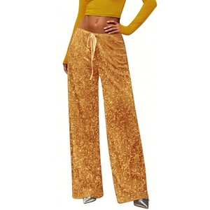 Pantalon large en velours à sequins pour femme - Pantalon de soirée à nouer à la taille - Tendance - Product Image 1