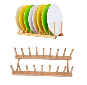 Bamboo Dish Plate Bowl Cup Book Pot Lid Cutting Board Drying Rack Stand Drainer Storage HoldeR For Kitchen And Dining Countertop