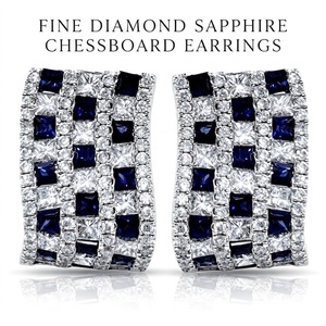 Pendientes de Aro Anchos de Lujo con Zafiro Azul Real, Oro Blanco Sólido de 18K, Diamantes Pavé con Corte Princesa, Joyería Fina, MOQ 1 ud. - Product Image 1