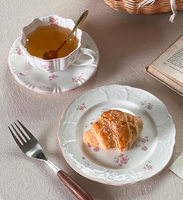 Service à thé de style européen, motif fleurs de cerisier roses, mignon, en porcelaine fine, tasses et soucoupes, sans BPA, écologique