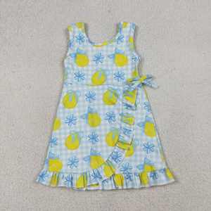 Summer Baby Girl <b>Lemon</b> <b>Print</b> Gingham Breathable A-Line <b>Dress</b> Sleeveless Ruffle Hem Toddler Kids Yoga - Product Image 1