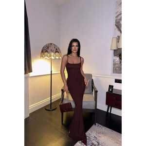 Robe de soirée marron romantique coupe trapèze, col ras du cou, style simple, motif brillant, longue jusqu'au sol, tailles XS à XL disponibles - Product Image 5