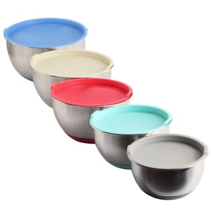 Ensemble de bols à salade en acier inoxydable à base en silicone intérieure et colorée et avec couvercle en PE de couleur - Product Image 2