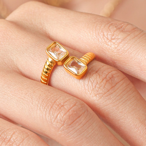 Luxury Square Cubic Zirconia Open Band Ring Anti Tarnish High Polished 18K Gold Stainless Steel Ladies Daily <b>Accessories</b> - Product Image 2