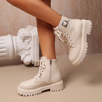 Bottines à lacets pour femmes avec boucle, fermeture éclair latérale, plateforme épaisse, bout rond, en cuir PU, style combat, noir crème