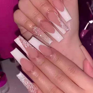 Faux ongles français à paillettes, 24 pièces/ensemble, sortie d'usine, kit de manucure réutilisable, faux ongles de haute qualité à presser, DIY - Product Image 1