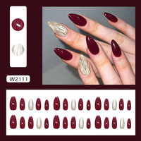 Maroon Amandelvormige Nagels met 3D Gouden Lijnen, Press-on Nagels, ABS, Machinegemaakt, 30 Stuks Kunstnagels, Gouden Kleur voor Vrouwen