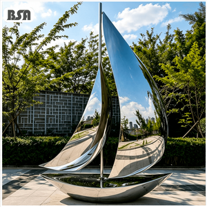 Escultura de Velero de Acero Inoxidable Pulido a Espejo de Tamaño Real BSA, Velero Abstracto Moderno para Parques y Plazas Acuáticas - Product Image 1