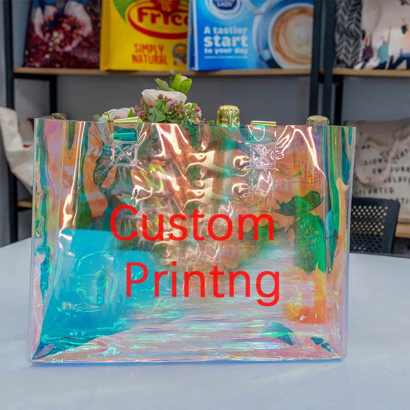 Custom Printed Logo Clear Laser Tote Holographic Bag Luxury Hologram Handle Bag Waterproof Pvc Tote Shopping Bag For Women