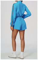 Ensemble de sport décontracté pour femme avec veste à col montant et short à rayures contrastées, séchage rapide, coupe ample
