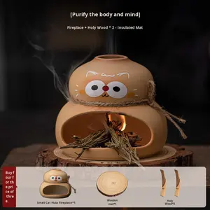Ensemble de cheminée en céramique en forme de chaton, décoration de bureau à domicile, brûleur d'encens aromatique, écologique, glaçure colorée, plaque de lavande Dehua - Product Image 6