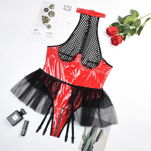 Abito Plus-Size nero e rosso in tessuto PU Sexy in tessuto da donna per <span class=keywords><strong>Costume</strong></span> da gioco di ruolo - Product Image 4