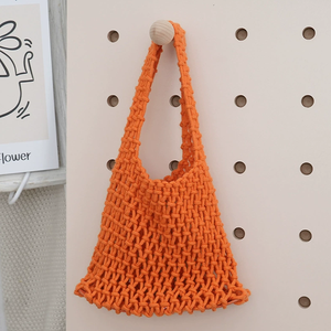 ถุงตาข่ายผ้าฝ้ายถักมือกระเป๋าชายหาดวันหยุดทรงถังมีเชือกสีลูกกวาดออกแบบโลโก้ได้ตามต้องการ - Product Image 5