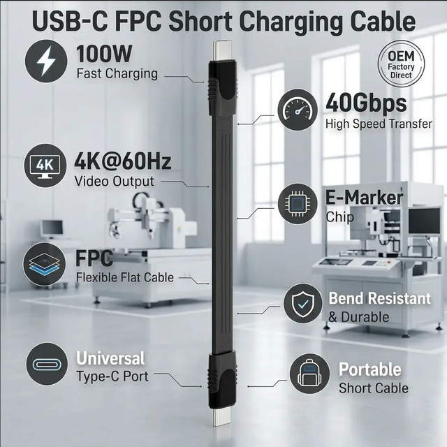 Industrial Grade FPC USB-C Cable USB4 Gen2 E-Marker Chip 40Gbps 100W 20V/5A PD Charging 4K60Hz DP Alt Mode Shielded TPE Jacket