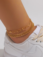 Chaîne de cheville double couche en acier inoxydable plaqué or 18 carats, style vintage, maille cubaine et serpent plat, pour femme