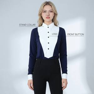 Camisa de competición ecuestre de manga larga para mujer, cuello alto, botones frontales, panel en contraste, corte ajustado, top para montar a caballo, personalizable - Product Image 1
