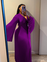 Nouvelle robe élégante décontractée pour femmes, couleur unie, col en V, manches longues plissées, taille plus, style élégant