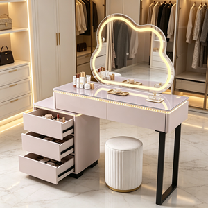 Coiffeuse rose moderne avec miroir LED en forme de nuage, meuble de rangement et tabouret pour chambre à coucher - Product Image 6