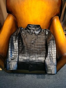 Men's crocodile <b>leather</b> <b>jacket</b> Formal winter coat 100% crocodile <b>leather</b> <b>Long</b> turn-down collar - Product Image 1