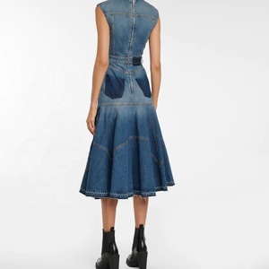 Robe midi en jean à manches courtes personnalisée pour femmes, dames, épissage de robes élégantes en jean décontracté - Product Image 3