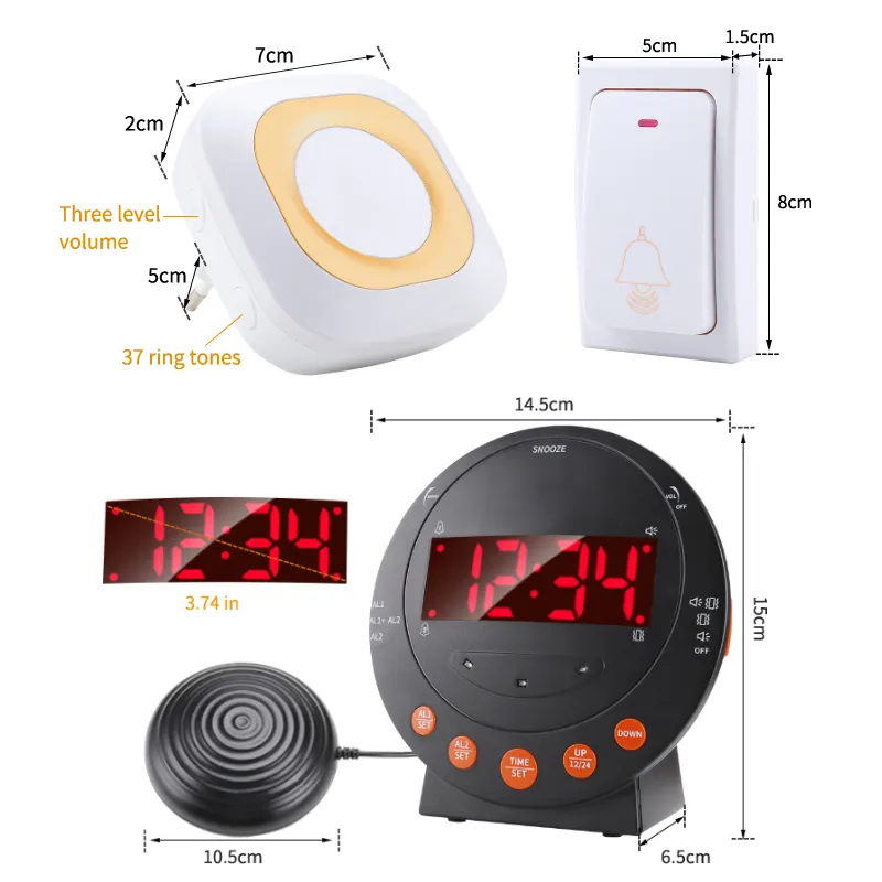 Eafness-reloj despertador para ancianos, vibrador para dormir pesado, recordatorio de timbre de puerta y despertador