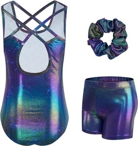 Girls <b>Leotard</b> <b>Shorts</b> Set Sleeveless <b>Gymnastics</b> Dance Workout Outfit With Scrunchie - Product Image 1