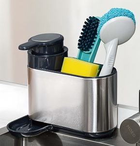 Organisateur d'évier en acier inoxydable avec distributeur de savon, plateau de drainage pour éponges, brosses et liquide vaisselle - Product Image 5