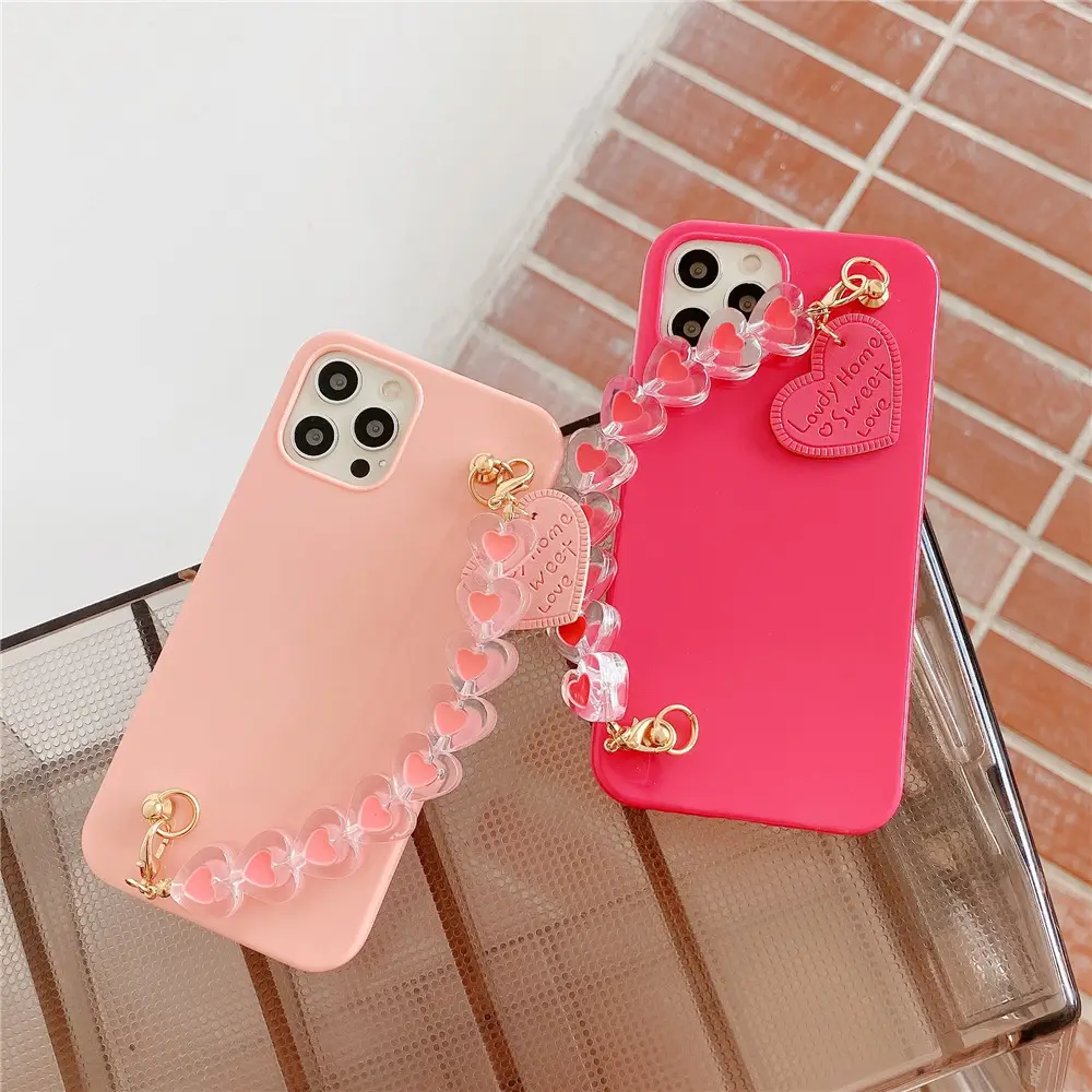 Hot Sale Girls Cute Candy Color Phone Case with Love Heart Chain for iPhone 13 Simple Style Cover for iPhone 12/11/7/8/XS/X/XR