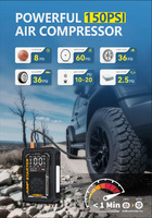Compresseur d'air portable 150 PSI, démarreur de secours 1500A, booster 12V 10000mAh, pompe à pneus sans fil pour voiture et moto
