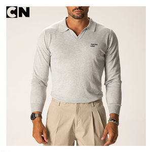 Suéter con Certificación GRS, Fabricante de Suéteres, Logotipo Personalizado, Suéter Polo de Punto Casual Gris Claro para Hombre, de Viscosa y Poliéster, con Ribetes - Product Image 3