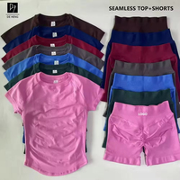 Set Yoga 2 Potong Celana Pendek High Waist Scrunch Butt Cepat Kering dengan Atasan Crew Neck, Laris untuk Fitness, Yoga, dan Olahraga di Gym untuk Wanita