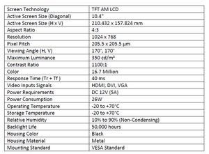 จอแสดงผลเกรดอุตสาหกรรมขนาด 10.4 นิ้ว แบบ Capacitive Multi Point Interface ความละเอียด 1024 x 768 HDMI TFT LCD รองรับการติดตั้งแบบ VESA ตัวเรือนโลหะ - Product Image 2