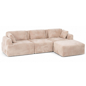Beige Teddy Fleece Vacuum Compressed Modular Sectional <b>Sofa</b> L-Shaped Couch With Detachable Ottoman For Living Room - Product Image 1