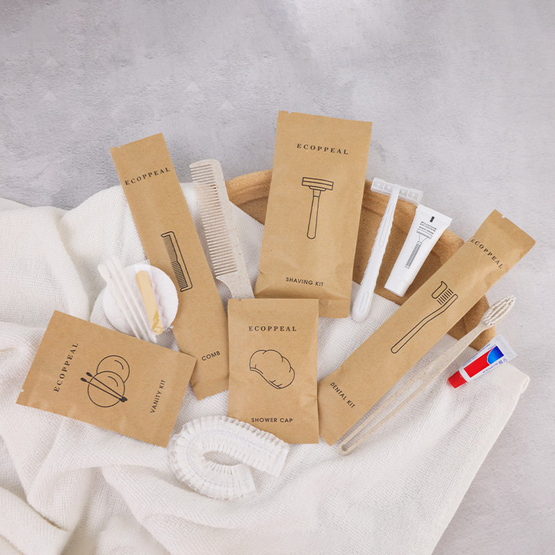 Custom Luxury Eco Friendly Biodegradable Craft Paper Packed Hotel Resort Dry Amenities with Shaving Dental Vanity Sewing Kit