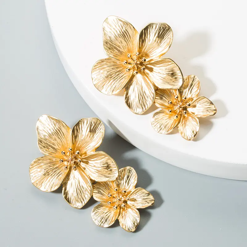 hawaiian bling gold big double flower drop petal stud earrings for women 2021