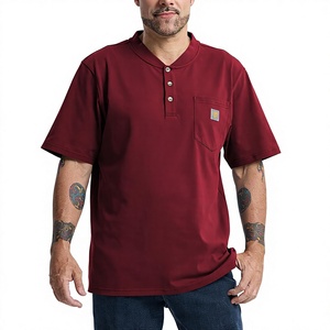Camisetas de Trabajo Holgadas y Gruesas de Manga Corta, 50% Algodón, 50% Poliéster, para Hombre, con Bolsillo, Estilo Henley - Product Image 1