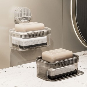 Support mural épaissi à <span class=keywords><strong>ventouse</strong></span> sans perçage pour salle de bain, double porte-<span class=keywords><strong>savon</strong></span>, tapis éponge drainant et boîte de rangement - Product Image 1