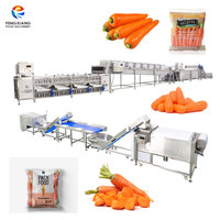 Industriële snij-, sorteer- en verpakkingslijn voor wortelen, radijsjes en fruit, met toevoer-, was-, schil- en sorteerfunctie, van SUS 304 staal.