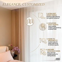 Rideaux transparents sur mesure avec plis ondulés, tissu filtrant la lumière, adaptés aux salons, chambres, hôtels et restaurants