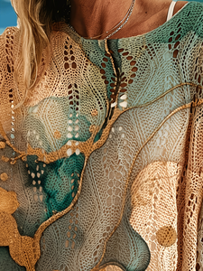 Suéter de punto con estampado abstracto para <span class=keywords><strong>mujer</strong></span> 2026, suéter de malla pointelle extragrande con arte fluido, 100% poliéster, jersey con diseño topográfico narrativo - Product Image 6